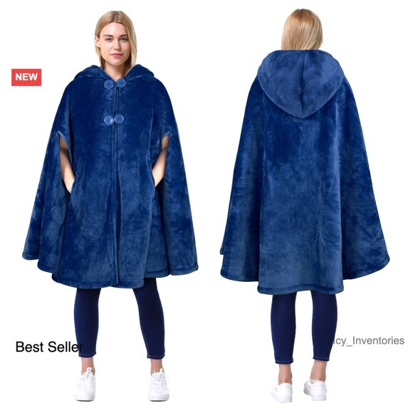 Oversized Sherpa Fleece Hooded Poncho Cape Snuggly Wearable Blanket Cozy Chic